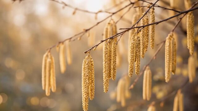 Golden catkins hanging from tree branches in warm sunlight with soft natural bokeh
