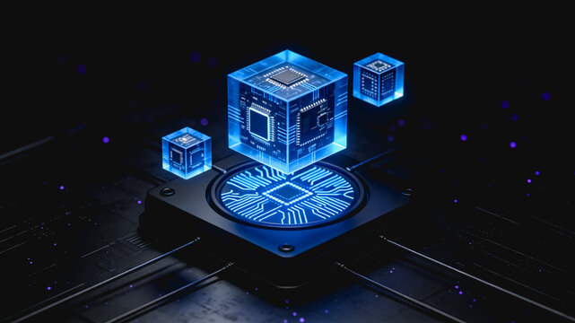 Floating Semiconductor Chips on Circuit Board with Glowing Cubes
