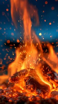 Cozy Campfire Bonfire Flames with Flying Sparks Background Video for Warm Adventure Story Concept