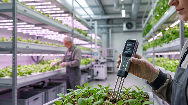 Scientist testing soil quality in vertical farm with digital sensor for smart agriculture