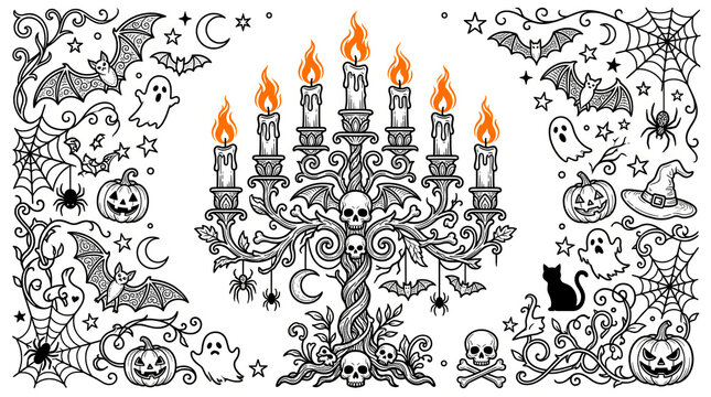 Halloween Gothic Candelabra with Burning Candles and Spooky Doodle Frame Line Art Illustration
