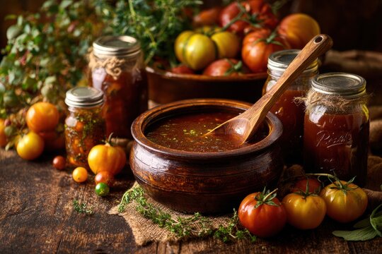 Fresh tomato sauce with herbs in wooden bowl is surrounded by ripe tomatoes in various colors and jars of preserves. Rustic setting evokes warmth and home cooking