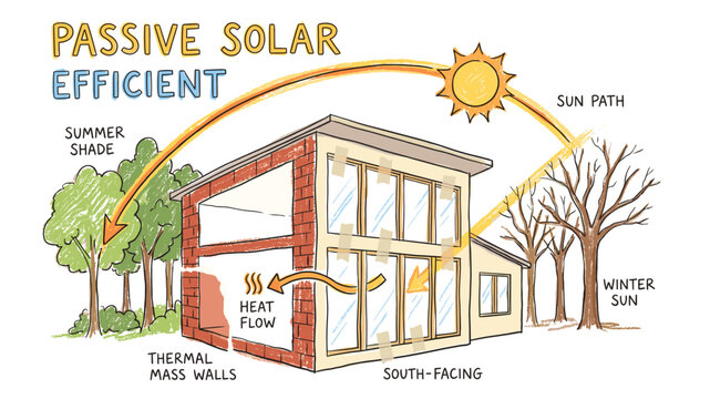 Hand drawn illustration of a passive solar efficient house diagram with sun path thermal mass walls and heat flow for green architecture design