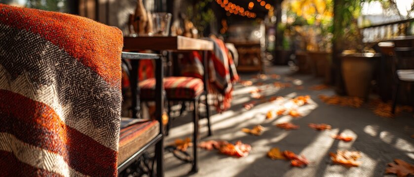 Cozy restaurant patio features tables with vibrant autumn colored blankets and scattering of fallen leaves. Warm light casts pleasing shadows across scene