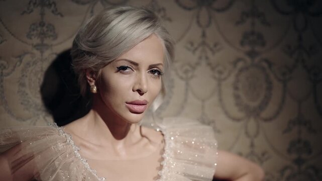A woman with blonde hair and a gold earring is shown touching her face with hand. Concept of intimacy and vulnerability, as the woman is in a moment of self-reflection or contemplation