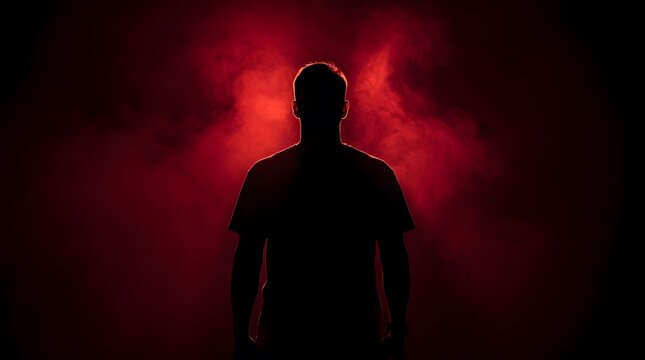 Silhouette of a man standing in dark red smoke background.