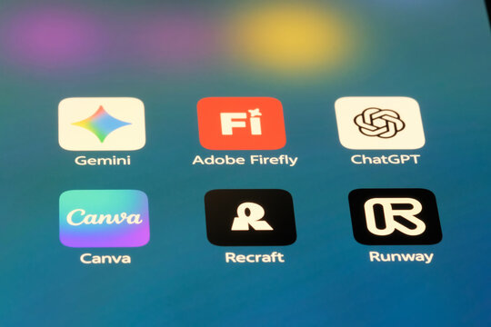 Shanghai,China-Sep.6th 2026: AI generation app icons on phone screen. Gemini, Adobe Firefly, ChatGPT, Canva, Recraft, and Runway 