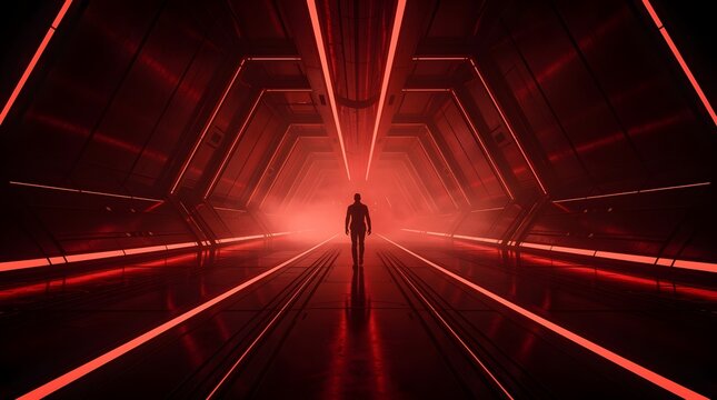 A silhouette of a person walking through a futuristic glowing red corridor.