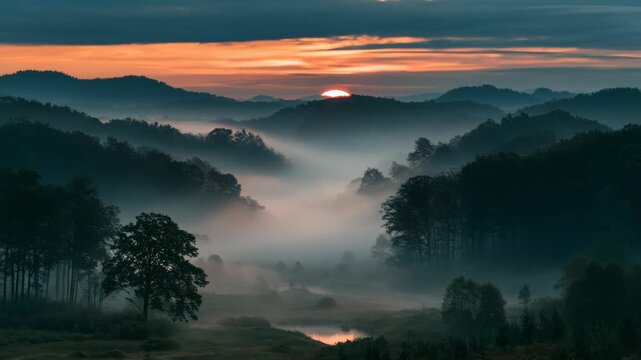 Inspiring Sunrise Over Misty Mountain Valley and Forest Background Video for Nature Story