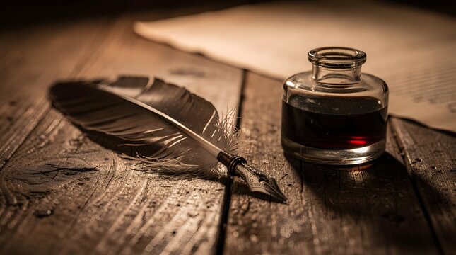 Vintage quill pen and glass inkwell on a rustic wooden desk with aged parchment paper.