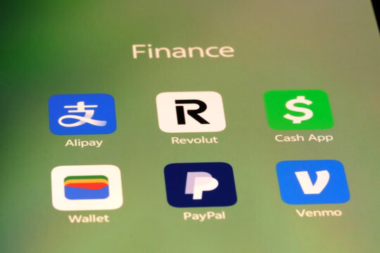 Shanghai,China-Sep.6th 2026: Finance apps on screen displaying icons for Alipay, Revolut, Cash App, Google Wallet, PayPal, and Venmo