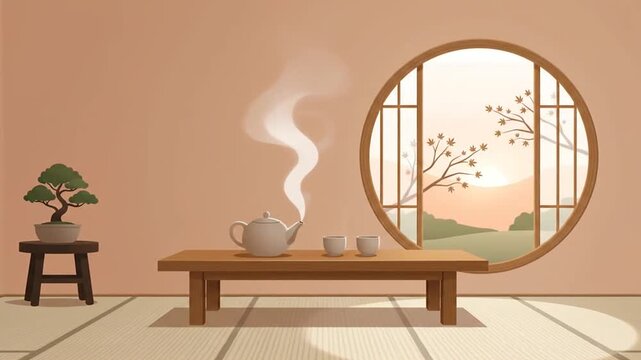 Animation of tea pouring and steam rising in traditional japanese room with bonsai and round window
