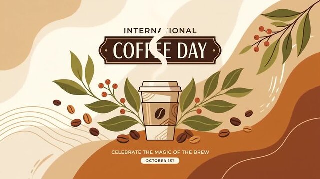 International Coffee Day animation with animated elements coffee cup beans and leaves in earthy tones