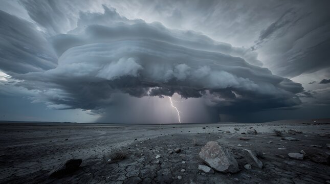 Dramatic supercell thunderstorm with a bright lightning strike over a desolate desert landscape.