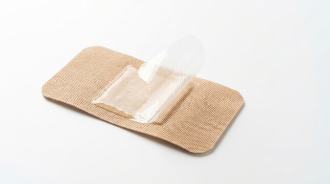 Adhesive bandage with protective cover partially peeled back showing sterile pad