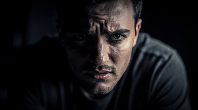Close up portrait of a serious young man with intense expression in low light.