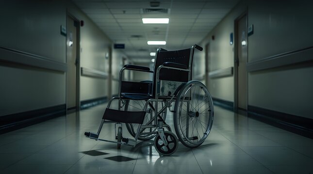 Empty wheelchair parked in the middle of a dark and gloomy hospital corridor.