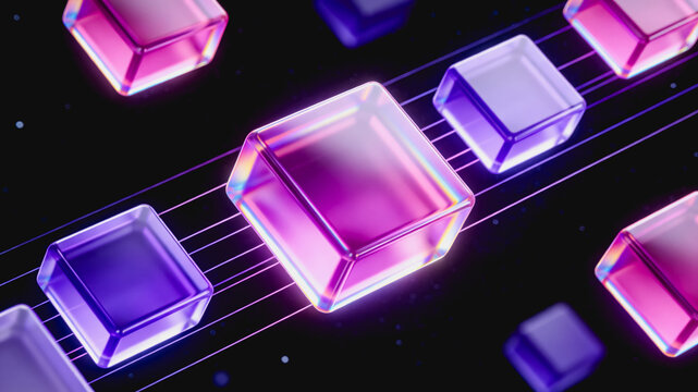 Glossy Transparent Cubes on Neon Digital Background