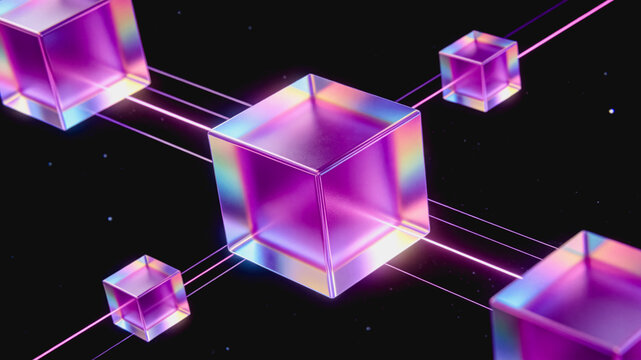 Iridescent Transparent Cubes Connected by Neon Lines in Dark Space