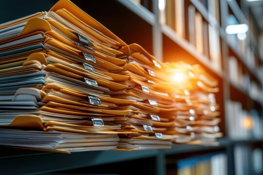 Overwhelming stacks of manila folders filled with documents sit on a shelf in an office, suggesting a busy workplace or archive
