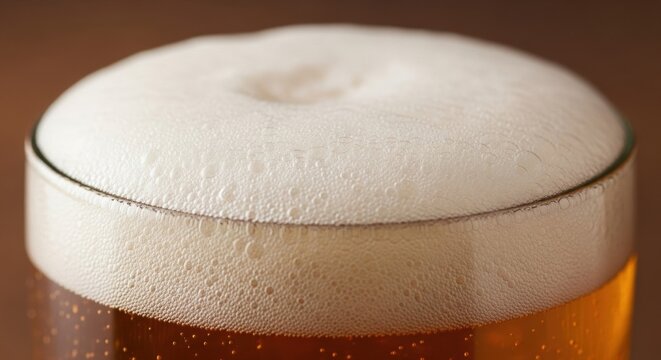 Macro close-up of a thick white foam head on top of a golden lager beer in a glass, showing detailed bubbles and carbonation texture against a soft brown background.