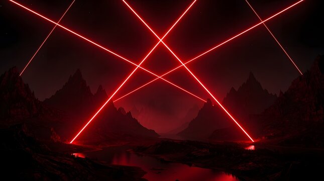 Surreal dark landscape with glowing red laser beams crossing over mountains and water.