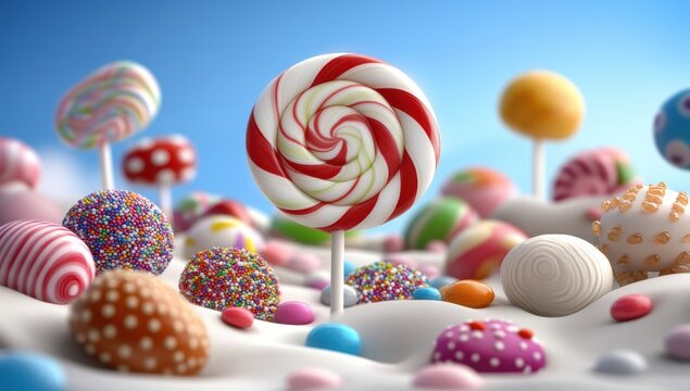 A vibrant swirl lollipop stands tall amidst a delightful landscape of colorful candies and sweets, creating a cheerful, whimsical scene