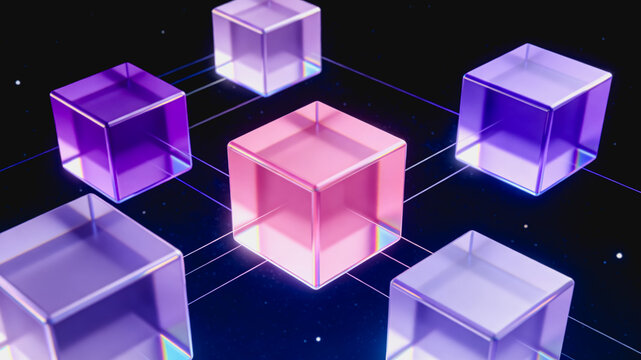 Translucent Color Cubes Arranged on Digital Grid in Space