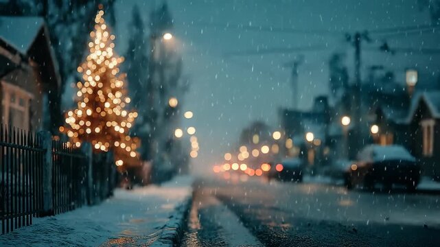 Snowy Suburban Street with Glowing Christmas Tree Background Video for Cozy Winter Holiday Story