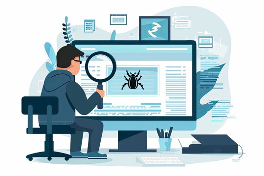 A programmer is debugging code on a computer, using a magnifying glass to find a bug in the software, highlighting the importance of quality assurance