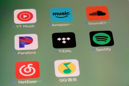 Shanghai,China-Sep.6th 2026: screen displaying icons for music streaming apps, including YouTube Music, Amazon Music, SoundCloud, Pandora, TIDAL, Spotify, NetEase Cloud Music, and QQ Music