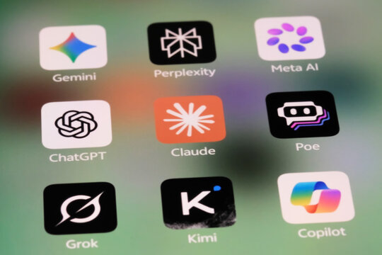 Shanghai,China-Sep.6th 2026: artificial intelligence app icons including Gemini, Perplexity, Meta AI, ChatGPT, Claude, Poe, Grok, Kimi, and Copilot displayed on a smartphone screen.