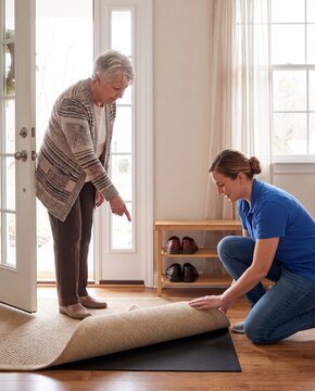 Caregiver and older woman correct loose entryway rug at home
