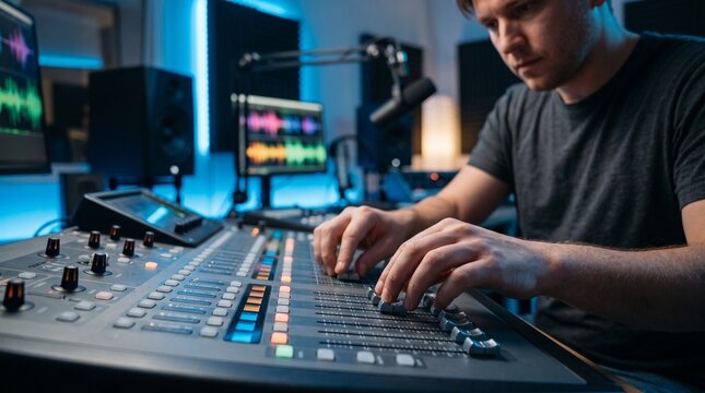 Close up of sound engineer hands adjusting faders on digital audio mixing console in studio, representing professional sound editing and music production