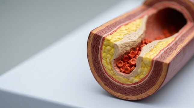Cross section of a human artery showing buildup of plaque and red blood cells within the lumen