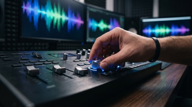 Extreme close up of producer hand adjusting illuminated parameter knob on synth controller, highlighting sound synthesis detail and electronic music creation