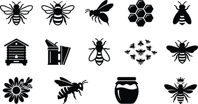 Honey Bee and Beekeeping Silhouette Icon Set Featuring Honeycomb, Hive, Smoker, Jar, Queen Bee, and Swarm Symbols for Organic Honey Branding