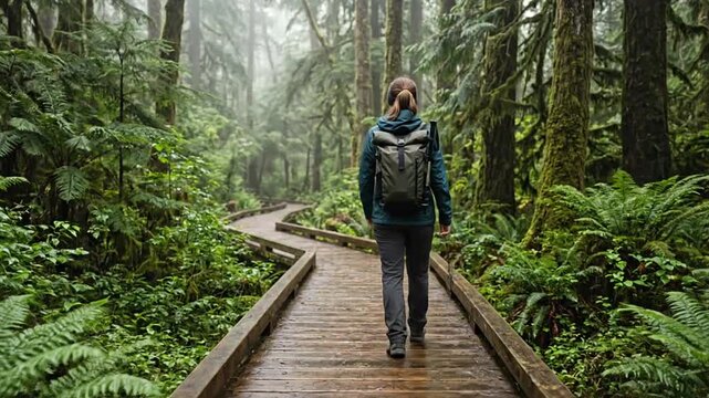 Woman hiking with backpack on a wooden boardwalk through a lush green temperate rainforest