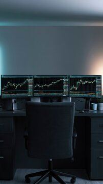 Modern trading desk with multiple monitors displaying financial charts