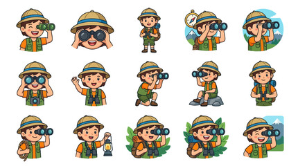 Fototapeta premium Industrial Style Set of 15 Happy Explorers in Safari Gear with Binoculars Lantern and Nature Accessories