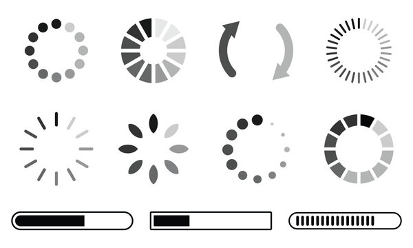 Loading process icon. Different type of loading icons set. Loading icons progress bar, Buffer loader, Buffering vector icon. Vector illustration.