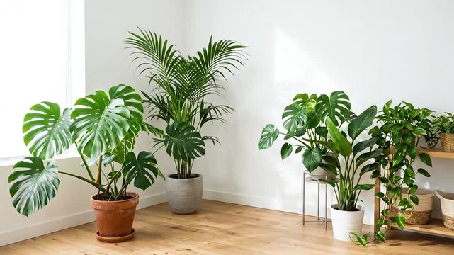 Green potted house plants arranged in a bright minimalist living room corner with wooden flooring