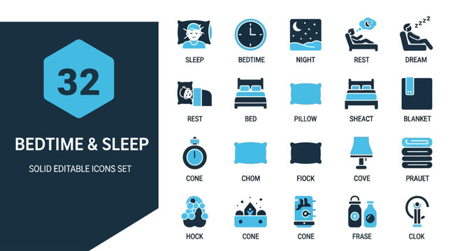 Comprehensive Collection of Bedtime and Sleep Routine Vector Icons for Nightly Rest and Healthy Lifestyle Concepts