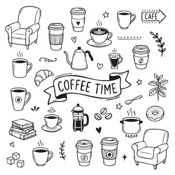 Collection of hand drawn coffee related elements for cafe and lifestyle