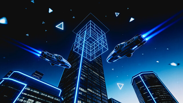 Flying Futuristic Ships Over Neon Lit Cityscape