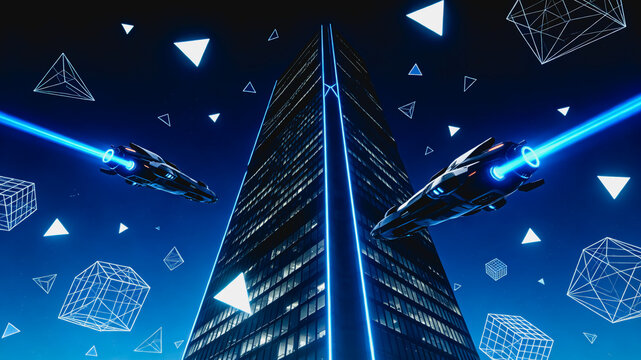 Futuristic Spaceships Flying Near Skyscraper with Wireframe Geometric Shapes