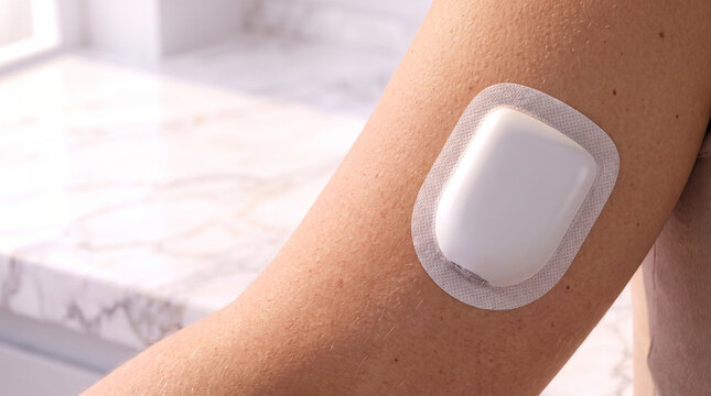 Insulin patch pump on female arm for automated insulin delivery and continuous diabetes management.
