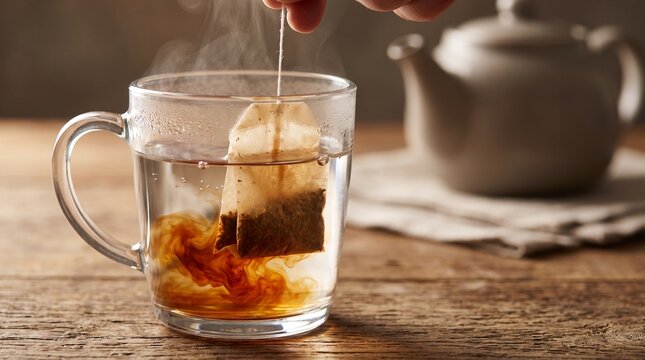 Macro shot of tea bag brewing and releasing swirling brown tea infusing in clear glass mug, depicting warm morning beverage ritual and relaxation