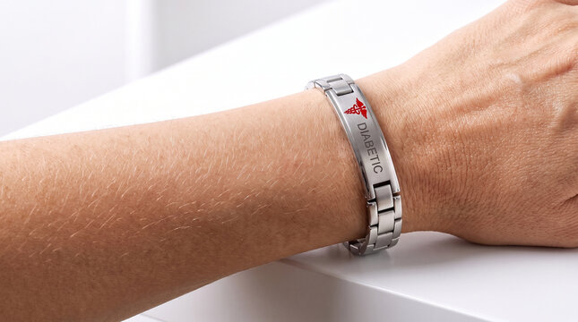 Medical alert bracelet on a female wrist used to identify chronic conditions during emergencies.