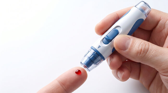 Modern lancet device in hand being used for a blood glucose finger prick test.